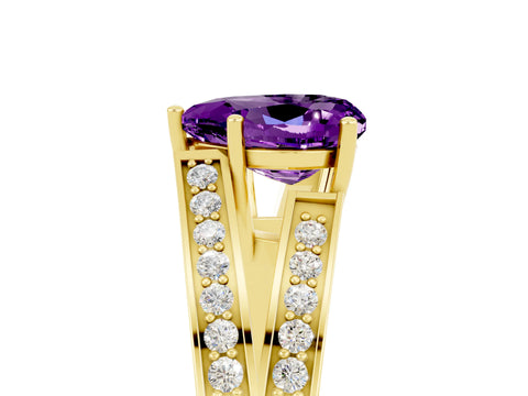 Yellow gold Heart Cut Amethyst Split Shank Ring with Pavé Band and Four-Prong Setting_5