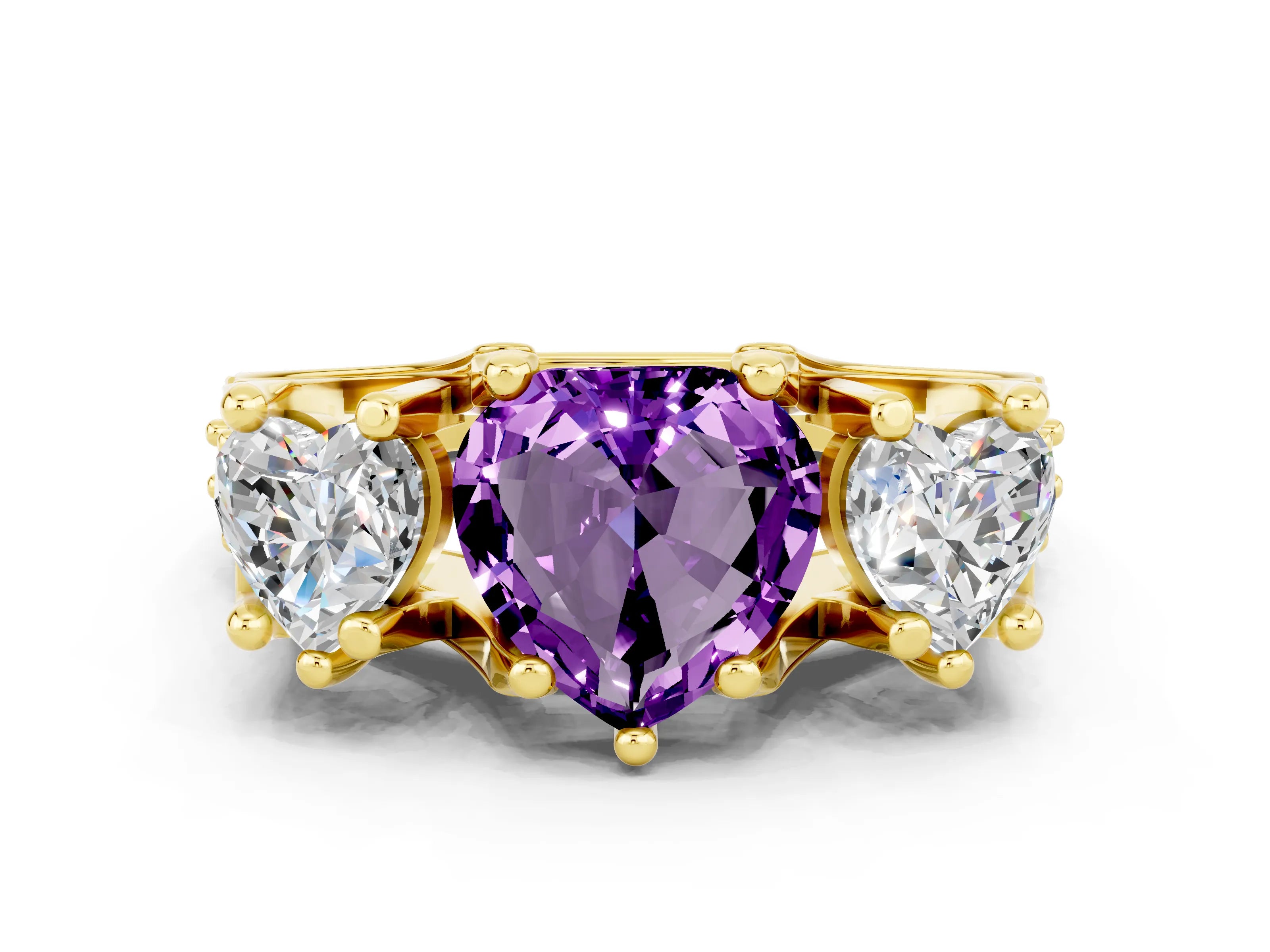 Yellow gold Heart Cut Amethyst Three-Stone Ring with Channel Set Band and Four-Prong Setting