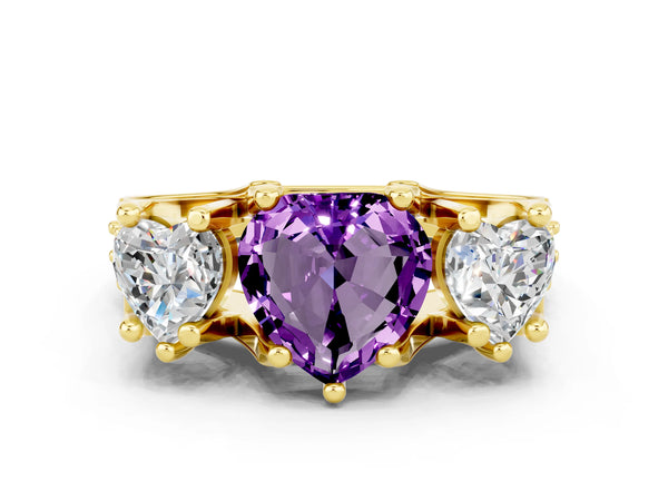 Yellow gold Heart Cut Amethyst Three-Stone Ring with Channel Set Band and Four-Prong Setting