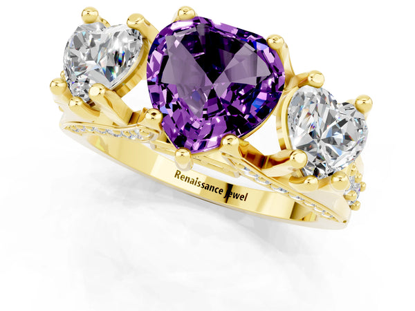 Yellow gold Heart Cut Amethyst Three-Stone Ring with Channel Set Band and Four-Prong Setting