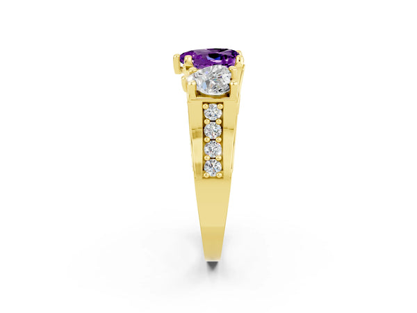 Yellow gold Heart Cut Amethyst Three-Stone Ring with Channel Set Band and Four-Prong Setting
