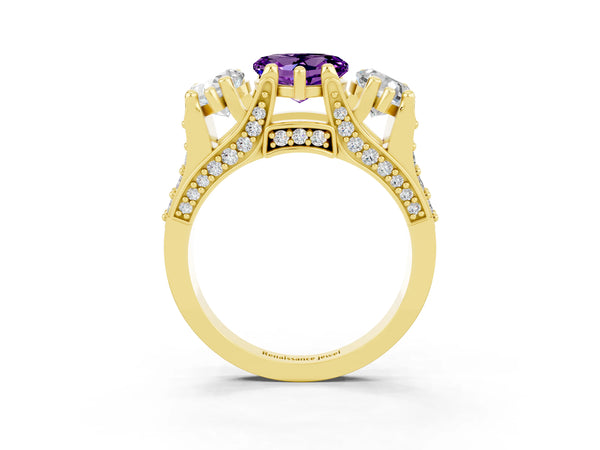 Yellow gold Heart Cut Amethyst Three-Stone Ring with Channel Set Band and Four-Prong Setting