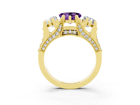 Yellow gold Heart Cut Amethyst Three-Stone Ring with Channel Set Band and Four-Prong Setting_3