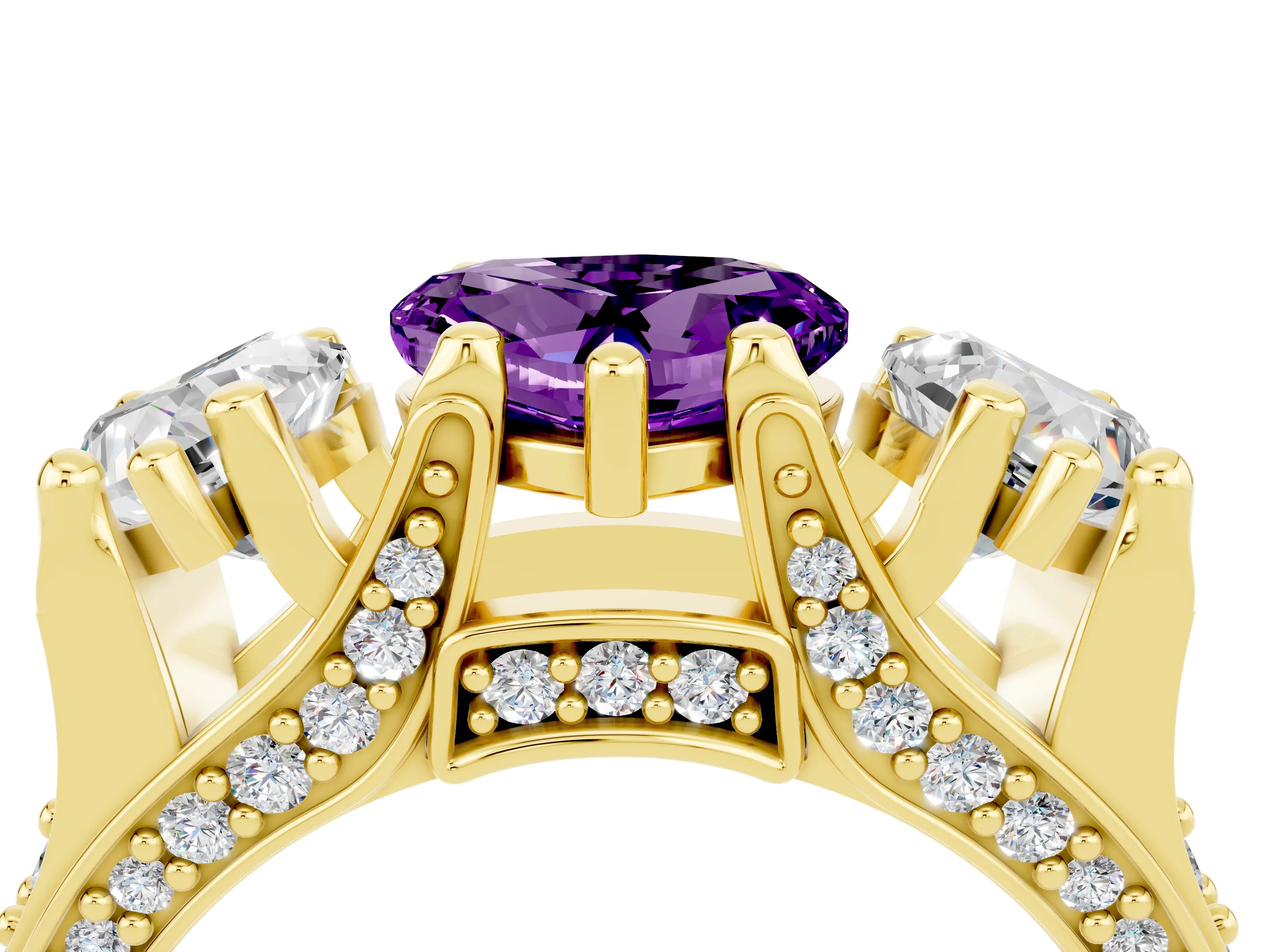 Yellow gold Heart Cut Amethyst Three-Stone Ring with Channel Set Band and Four-Prong Setting_4