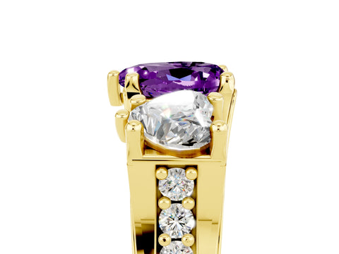 Yellow gold Heart Cut Amethyst Three-Stone Ring with Channel Set Band and Four-Prong Setting_5