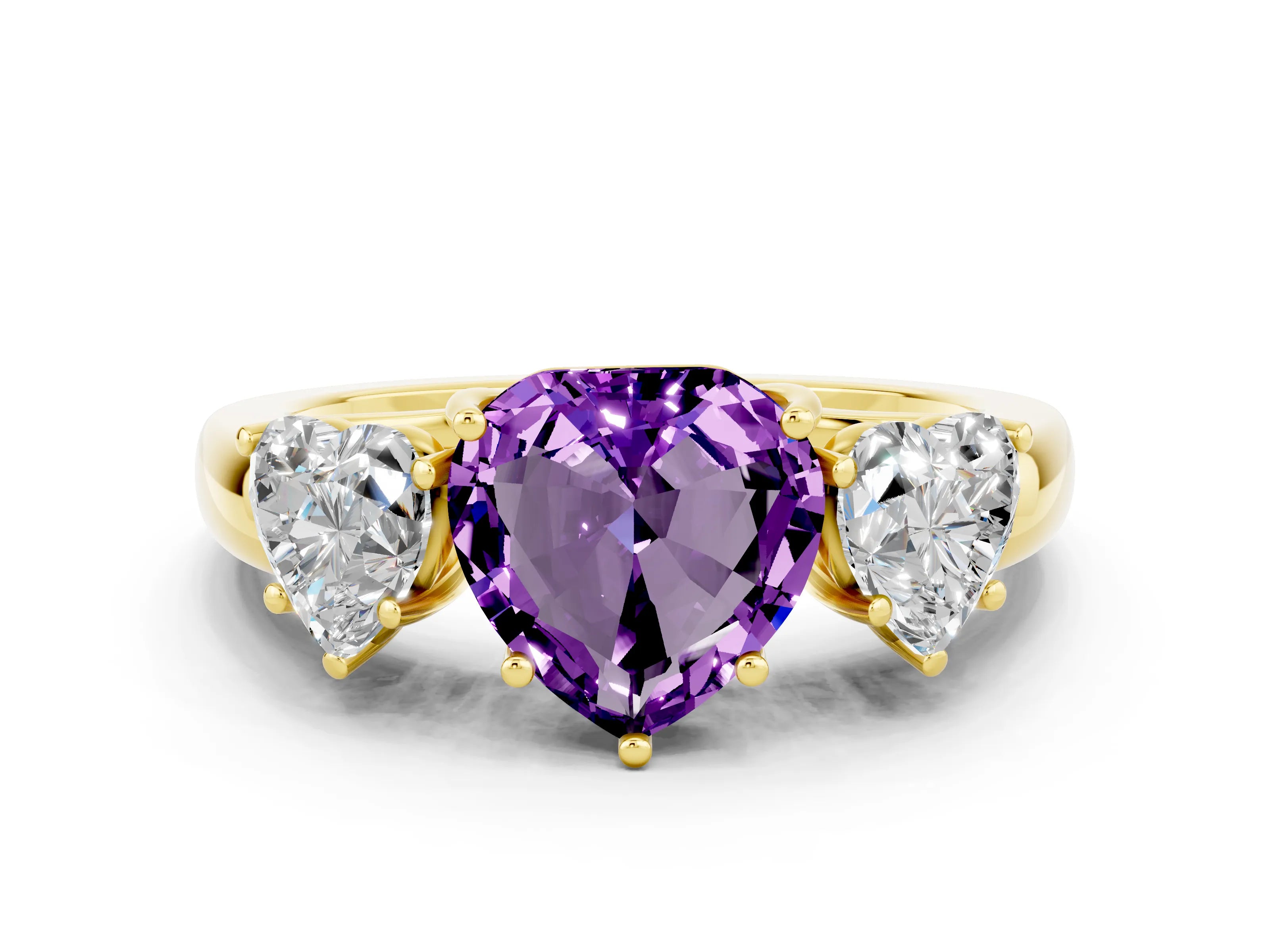 Yellow gold Heart Cut Amethyst Three-Stone Ring with Four-Prong Setting and Classic Band