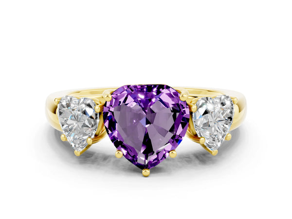 Yellow gold Heart Cut Amethyst Three-Stone Ring with Four-Prong Setting and Classic Band