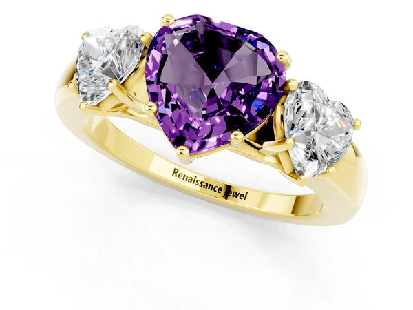 Yellow gold Heart Cut Amethyst Three-Stone Ring with Four-Prong Setting and Classic Band
