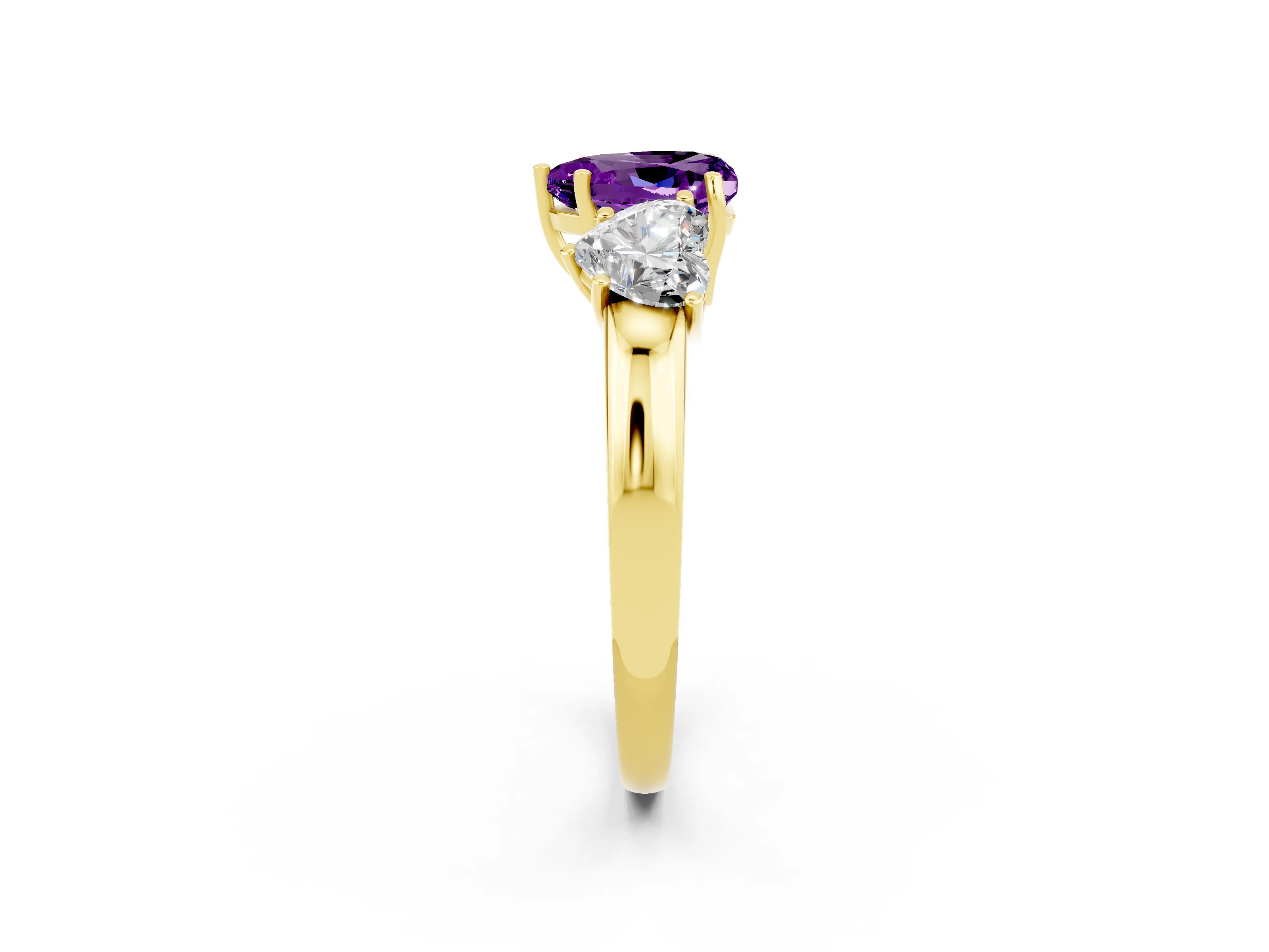 Yellow gold Heart Cut Amethyst Three-Stone Ring with Four-Prong Setting and Classic Band_2