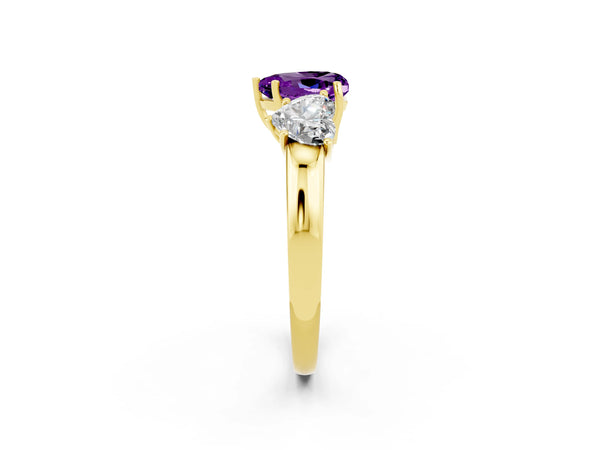 Yellow gold Heart Cut Amethyst Three-Stone Ring with Four-Prong Setting and Classic Band
