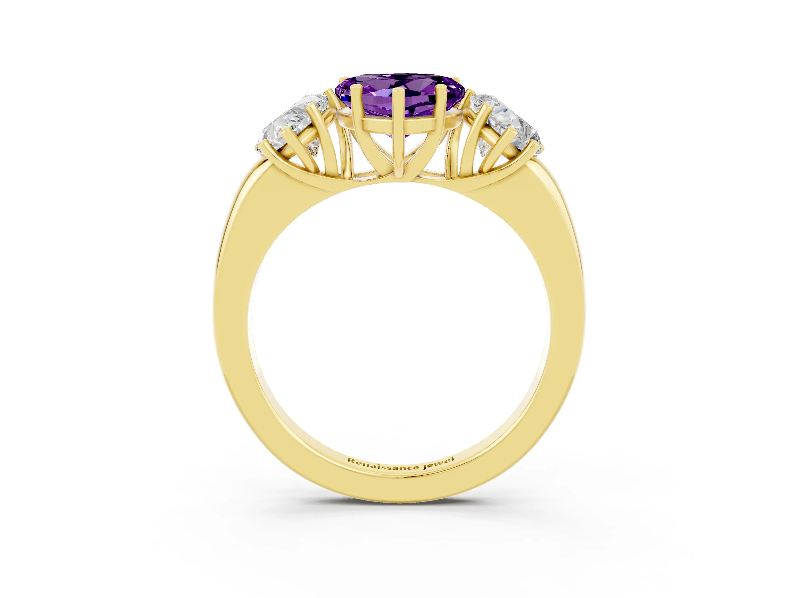 Yellow gold Heart Cut Amethyst Three-Stone Ring with Four-Prong Setting and Classic Band_3