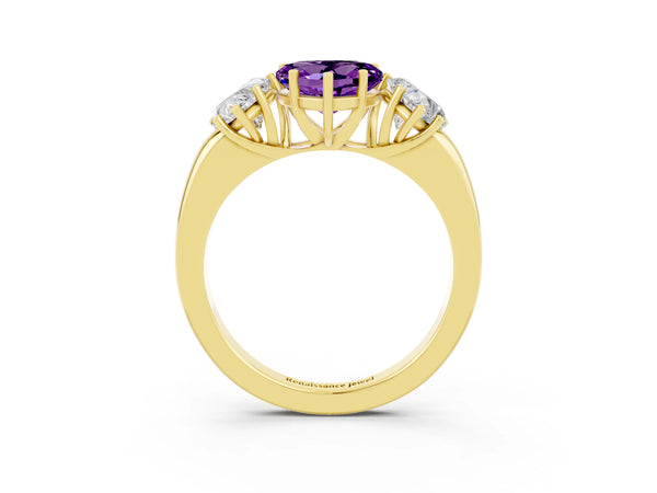 Yellow gold Heart Cut Amethyst Three-Stone Ring with Four-Prong Setting and Classic Band