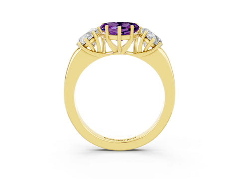 Yellow gold Heart Cut Amethyst Three-Stone Ring with Four-Prong Setting and Classic Band_3