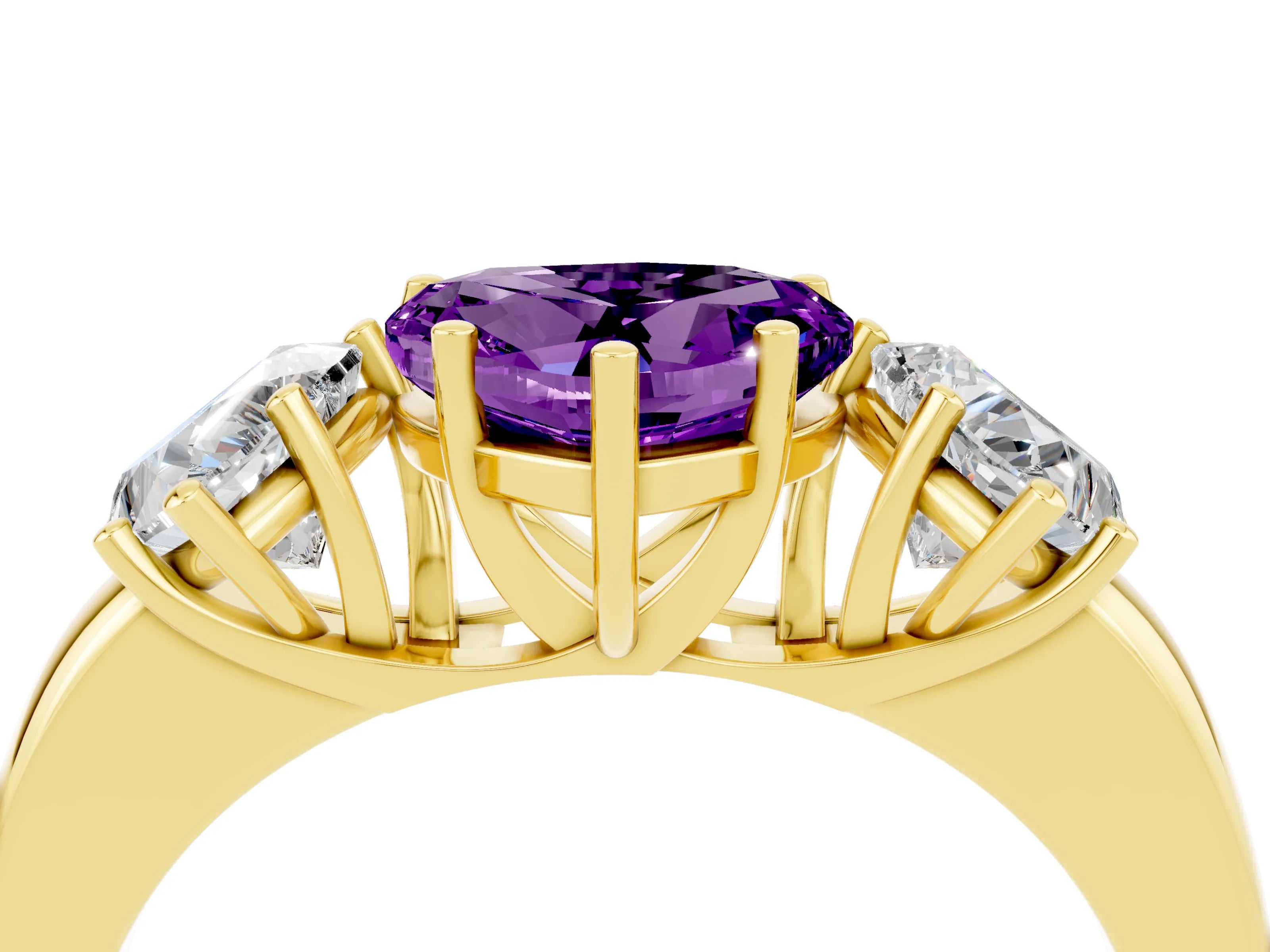Yellow gold Heart Cut Amethyst Three-Stone Ring with Four-Prong Setting and Classic Band_4