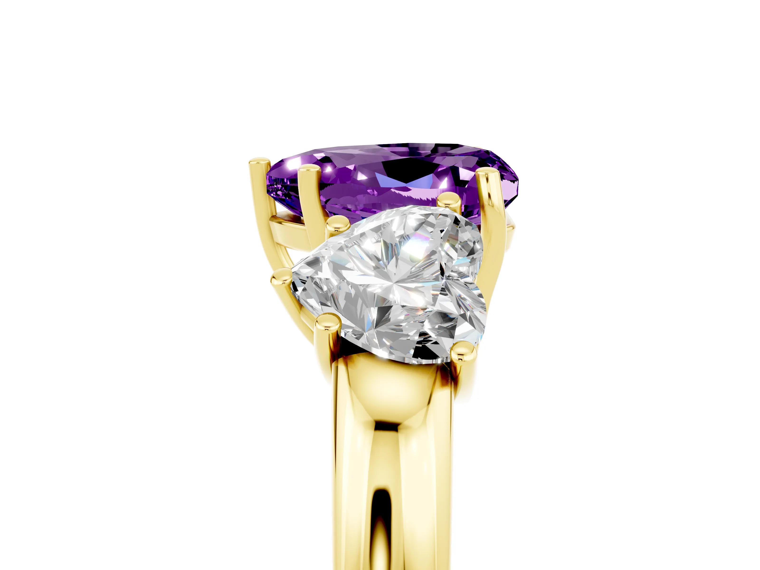 Yellow gold Heart Cut Amethyst Three-Stone Ring with Four-Prong Setting and Classic Band_5