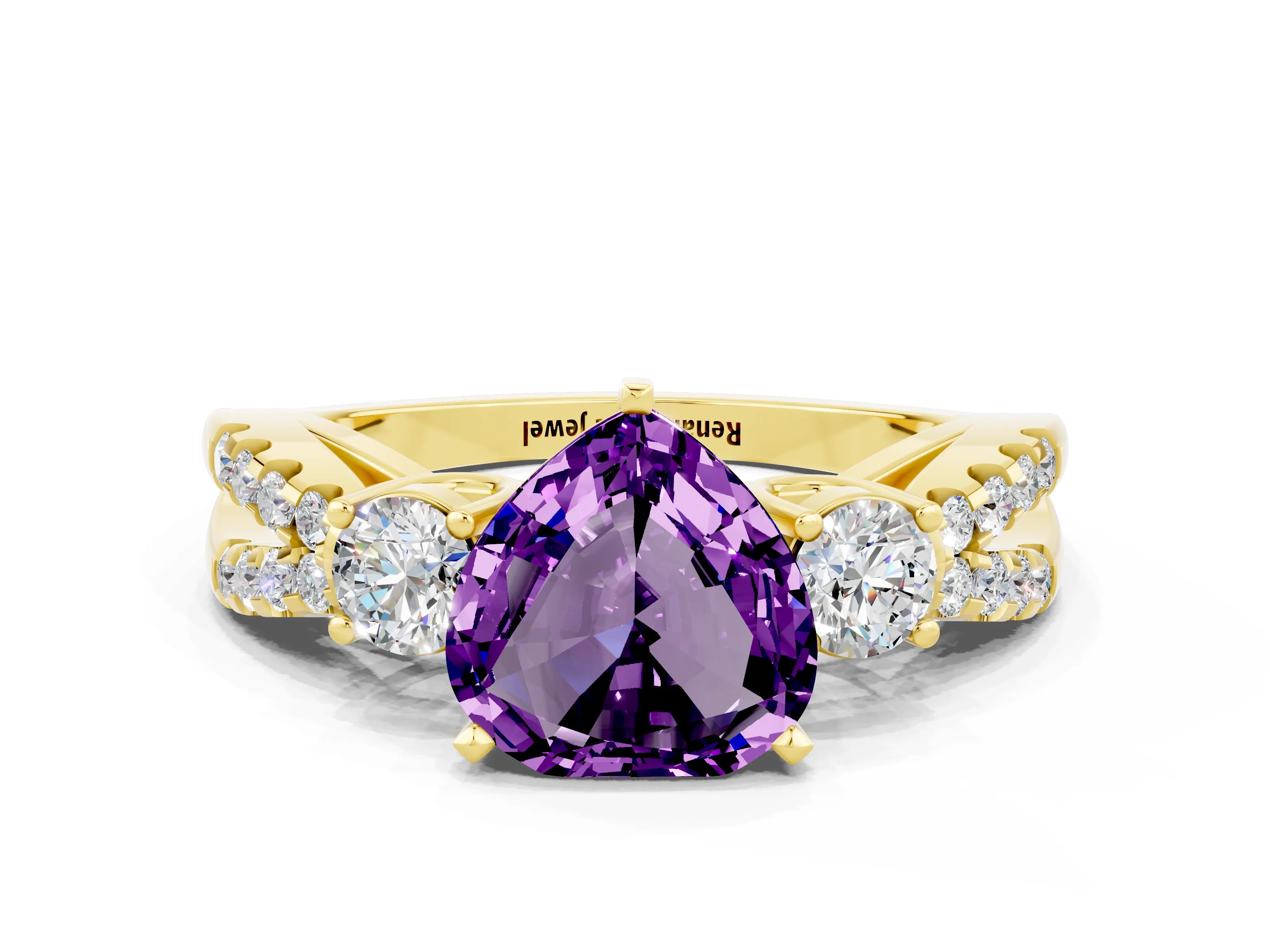 Yellow gold Heart Cut Amethyst Three-Stone Ring with Pavé Split Shank and Four-Prong Setting