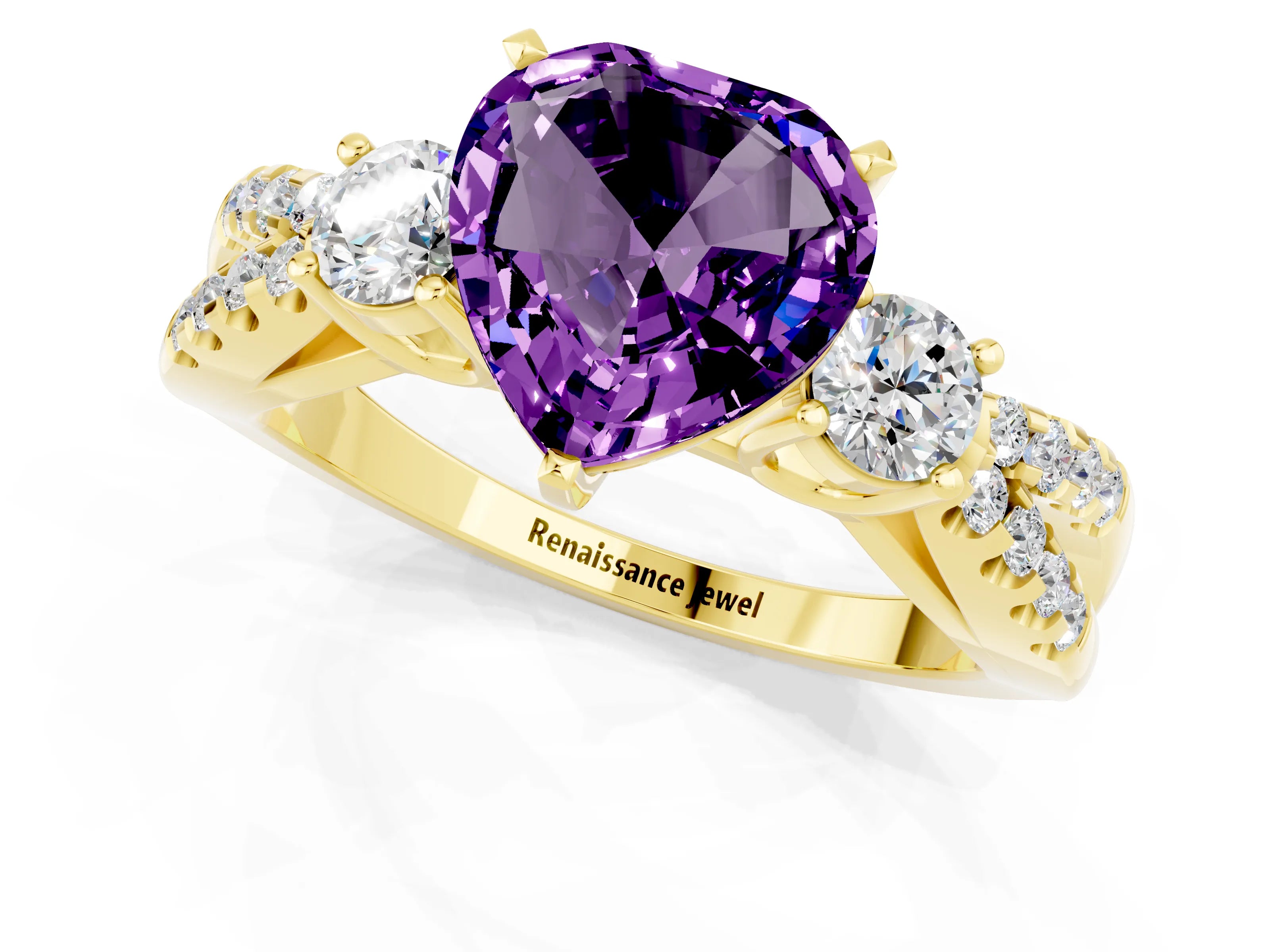 Yellow gold Heart Cut Amethyst Three-Stone Ring with Pavé Split Shank and Four-Prong Setting_1