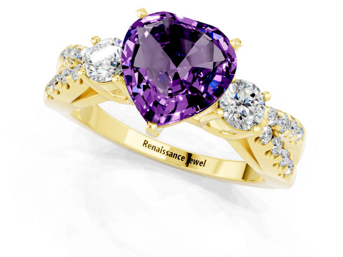 Yellow gold Heart Cut Amethyst Three-Stone Ring with Pavé Split Shank and Four-Prong Setting_1