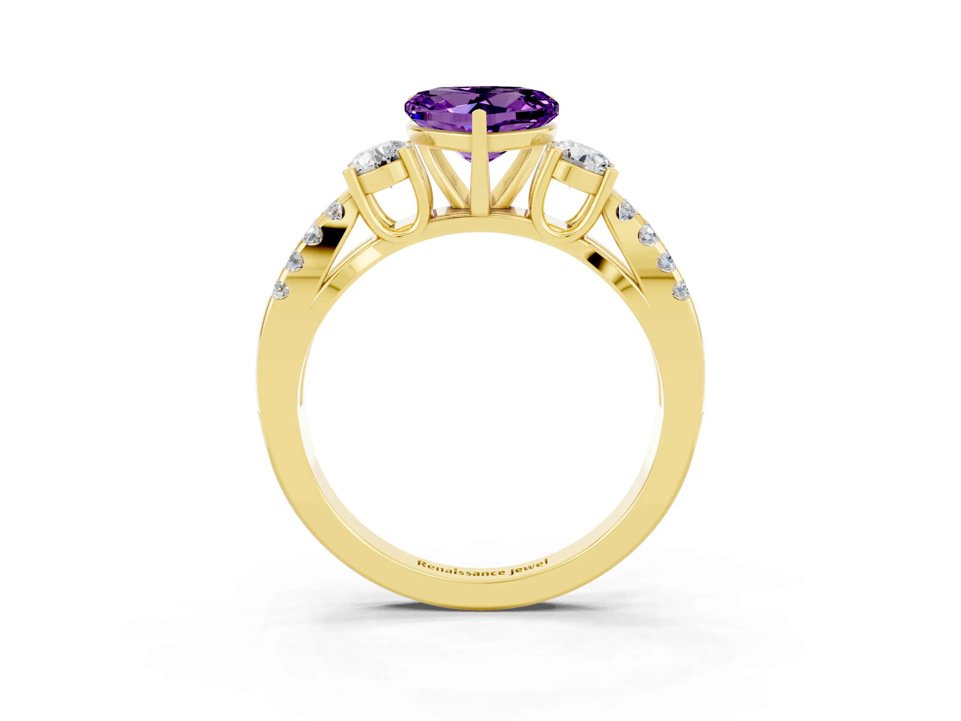 Yellow gold Heart Cut Amethyst Three-Stone Ring with Pavé Split Shank and Four-Prong Setting_3