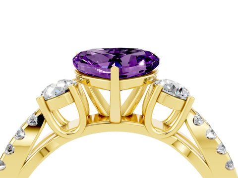 Yellow gold Heart Cut Amethyst Three-Stone Ring with Pavé Split Shank and Four-Prong Setting_4