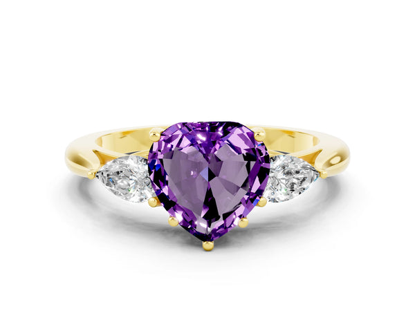 Yellow gold Heart Cut Amethyst Three-Stone Ring with Pear Side Stones and Prong Setting