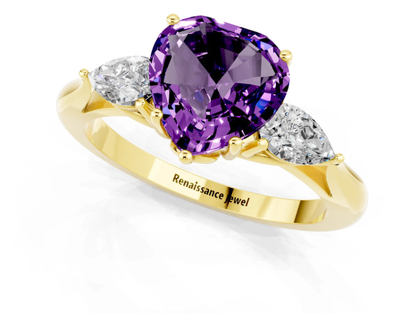 Yellow gold Heart Cut Amethyst Three-Stone Ring with Pear Side Stones and Prong Setting