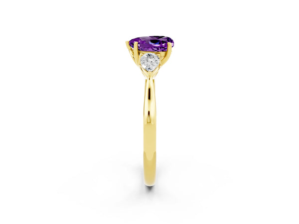 Yellow gold Heart Cut Amethyst Three-Stone Ring with Pear Side Stones and Prong Setting