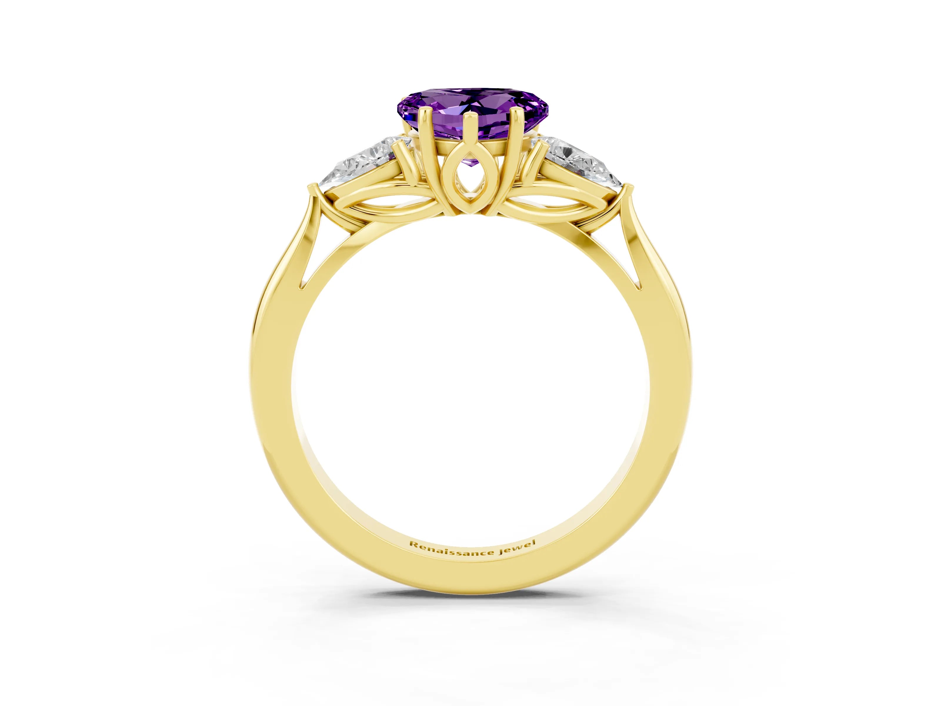 Yellow gold Heart Cut Amethyst Three-Stone Ring with Pear Side Stones and Four-Prong Setting_15