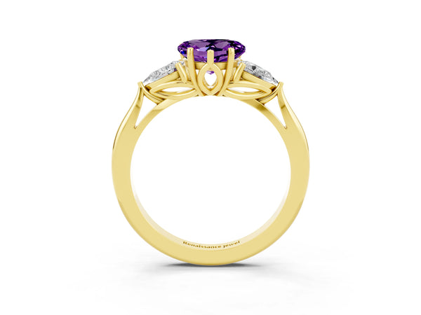 Yellow gold Heart Cut Amethyst Three-Stone Ring with Pear Side Stones and Prong Setting