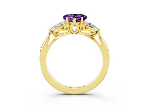 Yellow gold Heart Cut Amethyst Three-Stone Ring with Pear Side Stones and Four-Prong Setting_15