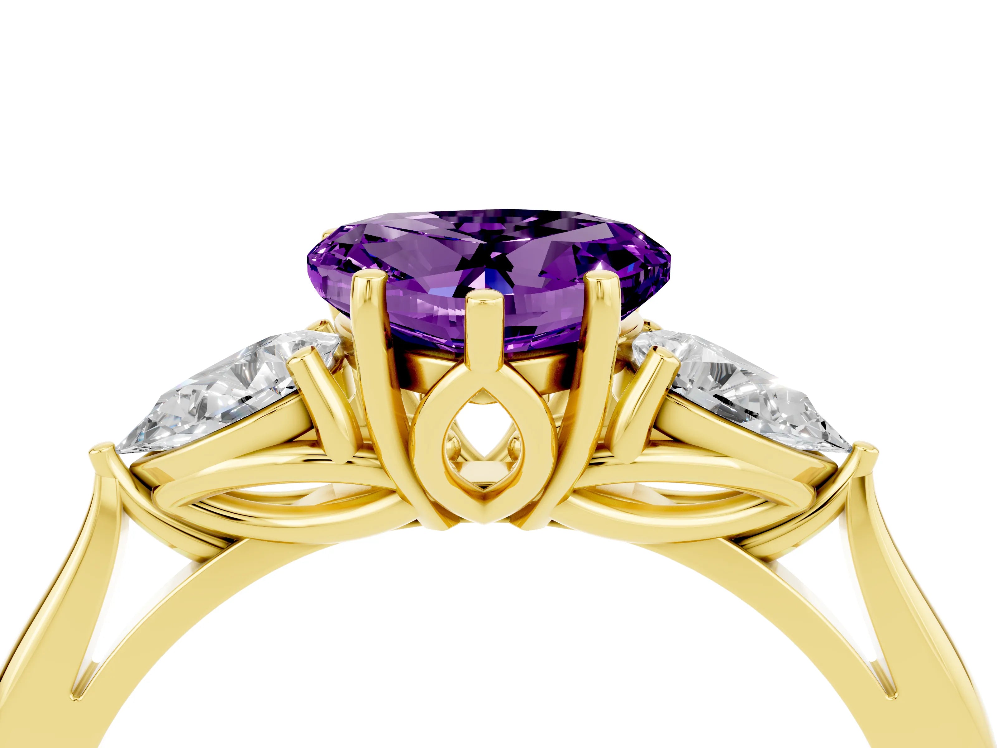 Yellow gold Heart Cut Amethyst Three-Stone Ring with Pear Side Stones and Four-Prong Setting_16