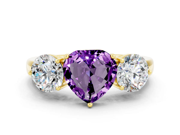 Yellow gold Heart Cut Amethyst Three-Stone Ring with Prong Setting and Classic Band