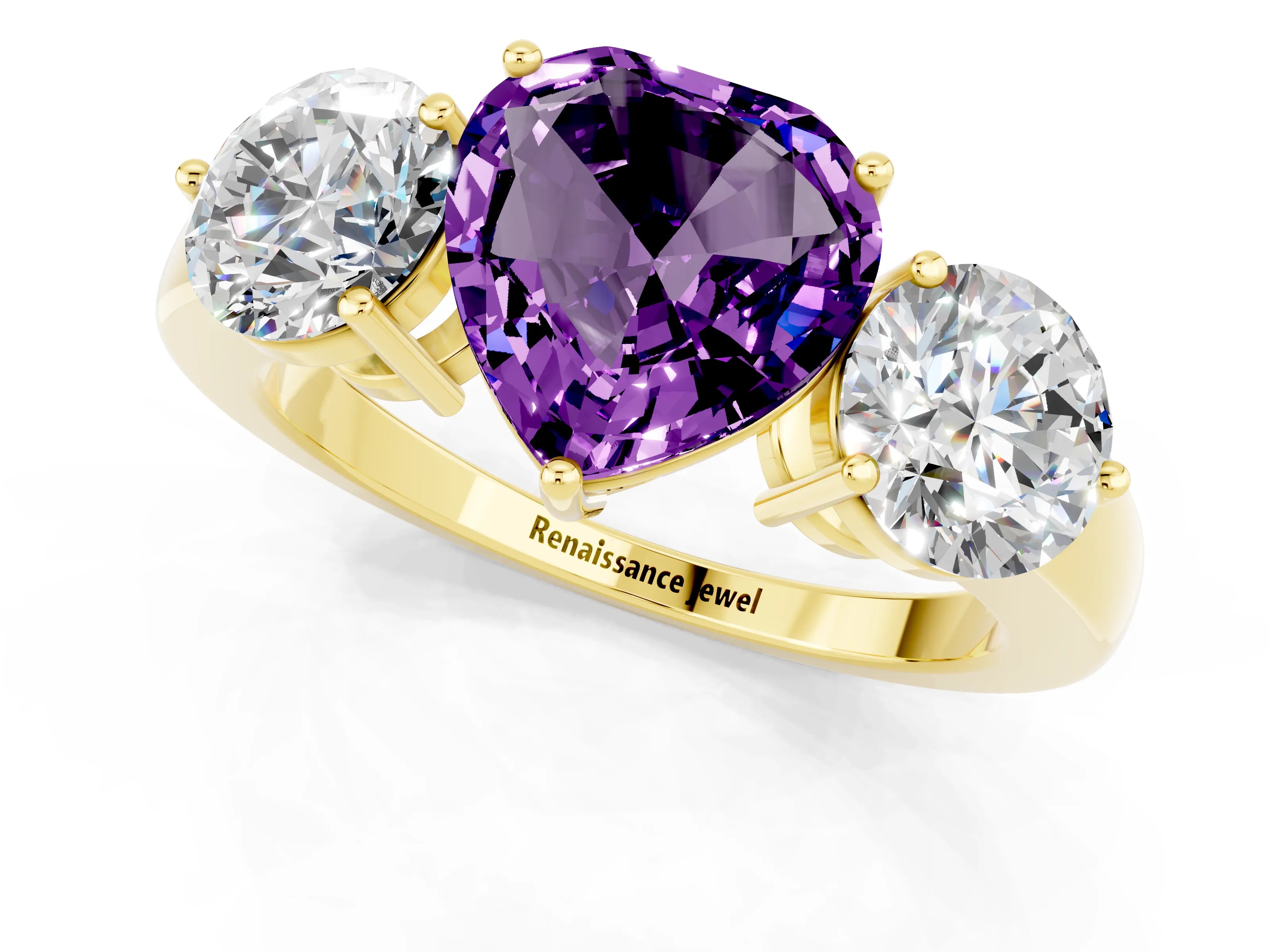 Yellow gold Heart Cut Amethyst Three-Stone Ring with Prong Setting and Classic Band_1