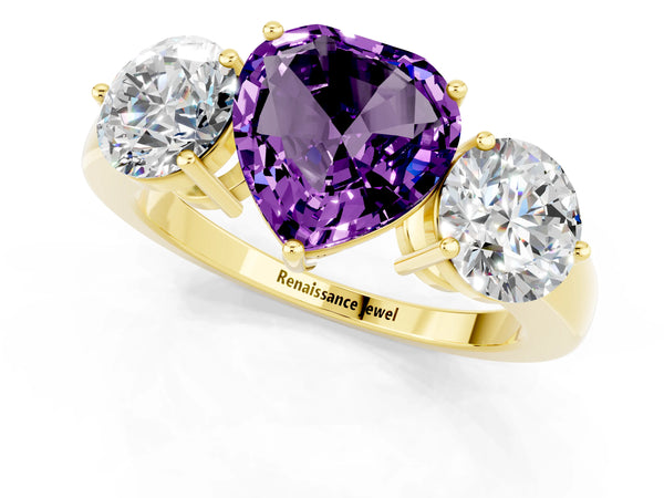 Yellow gold Heart Cut Amethyst Three-Stone Ring with Prong Setting and Classic Band