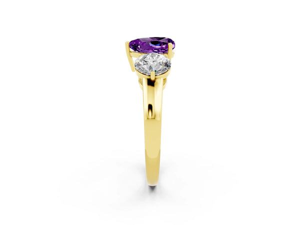 Yellow gold Heart Cut Amethyst Three-Stone Ring with Prong Setting and Classic Band