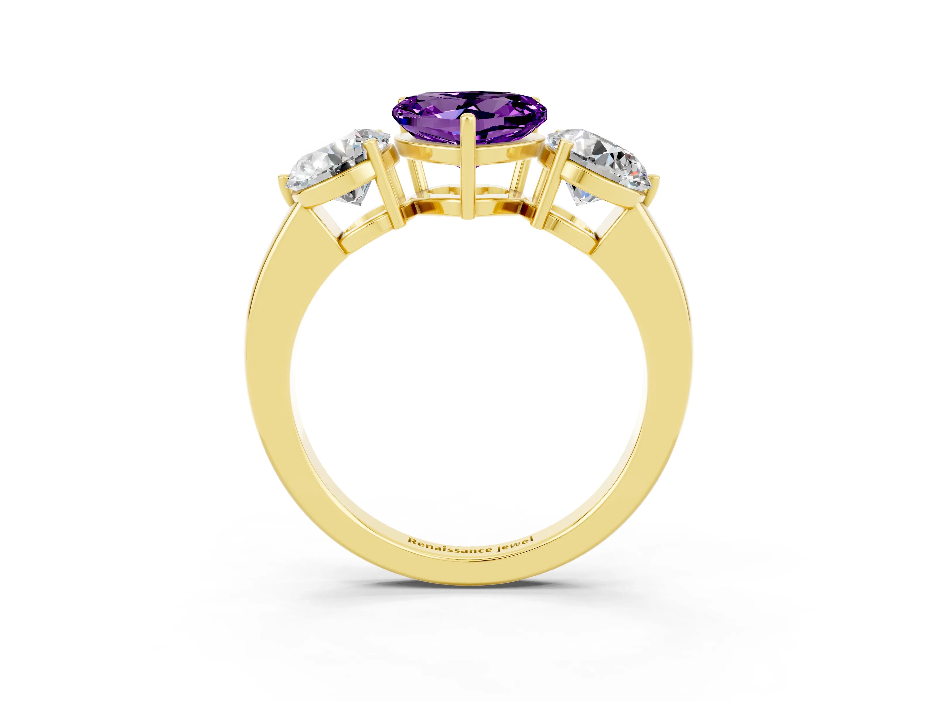 Yellow gold Heart Cut Amethyst Three-Stone Ring with Prong Setting and Classic Band_3