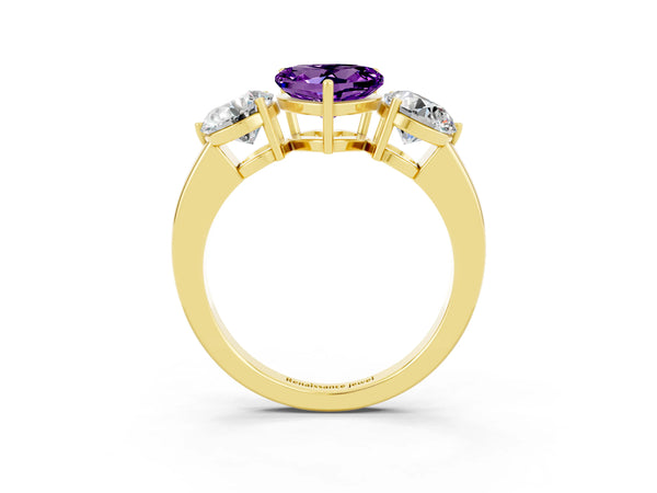 Yellow gold Heart Cut Amethyst Three-Stone Ring with Prong Setting and Classic Band
