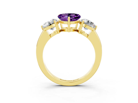 Yellow gold Heart Cut Amethyst Three-Stone Ring with Prong Setting and Classic Band_3