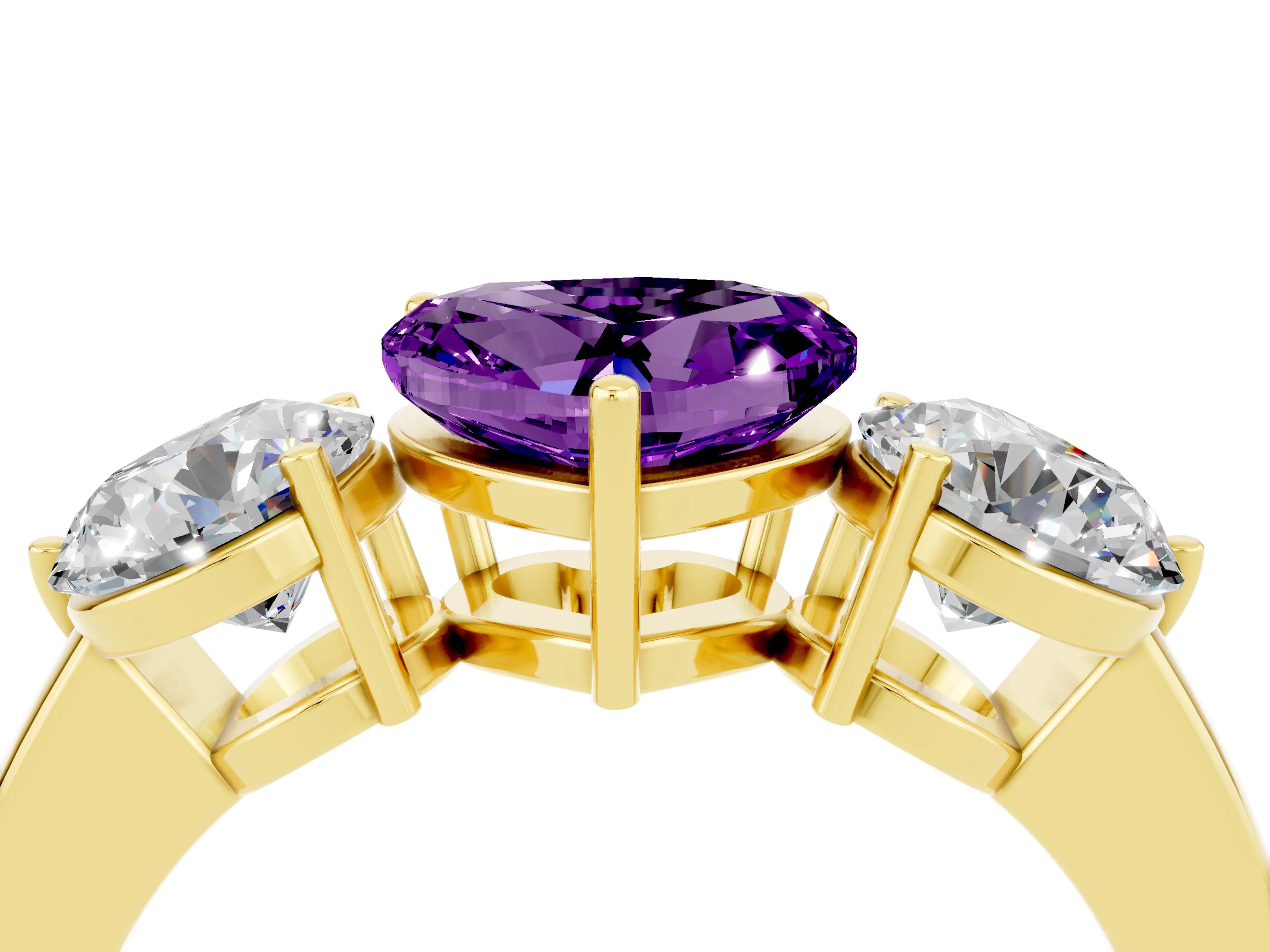 Yellow gold Heart Cut Amethyst Three-Stone Ring with Prong Setting and Classic Band_4