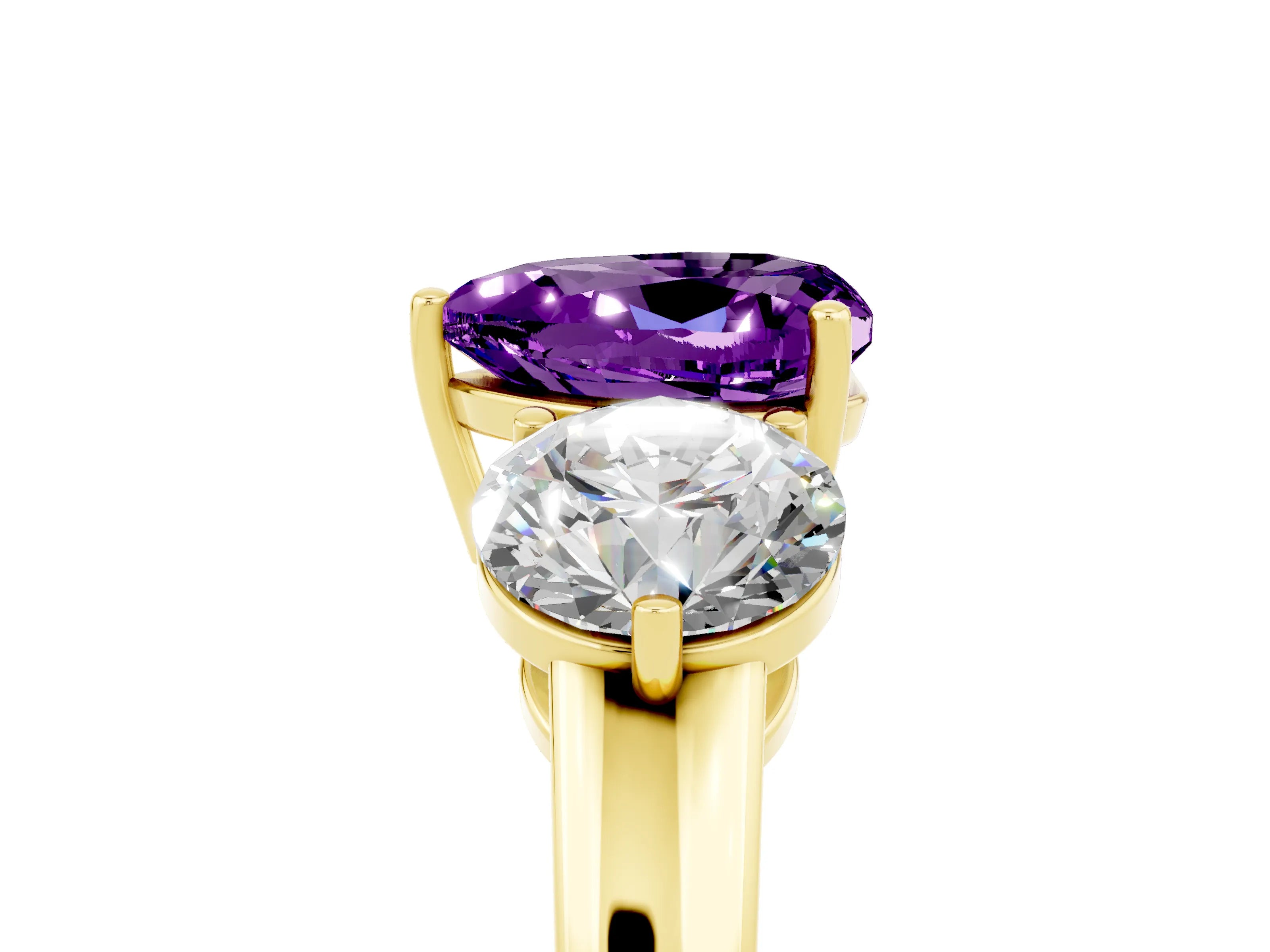 Yellow gold Heart Cut Amethyst Three-Stone Ring with Prong Setting and Classic Band_5