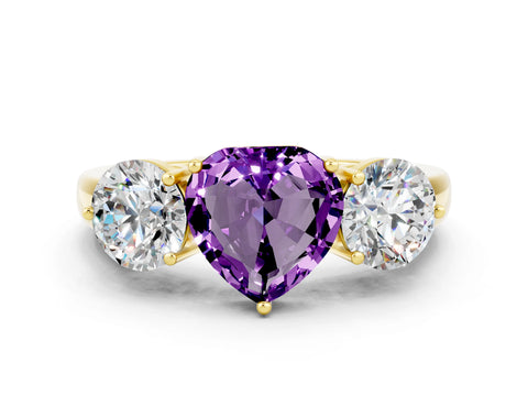 Yellow gold Heart Cut Amethyst Three-Stone Ring with Prong Setting and Classic Band