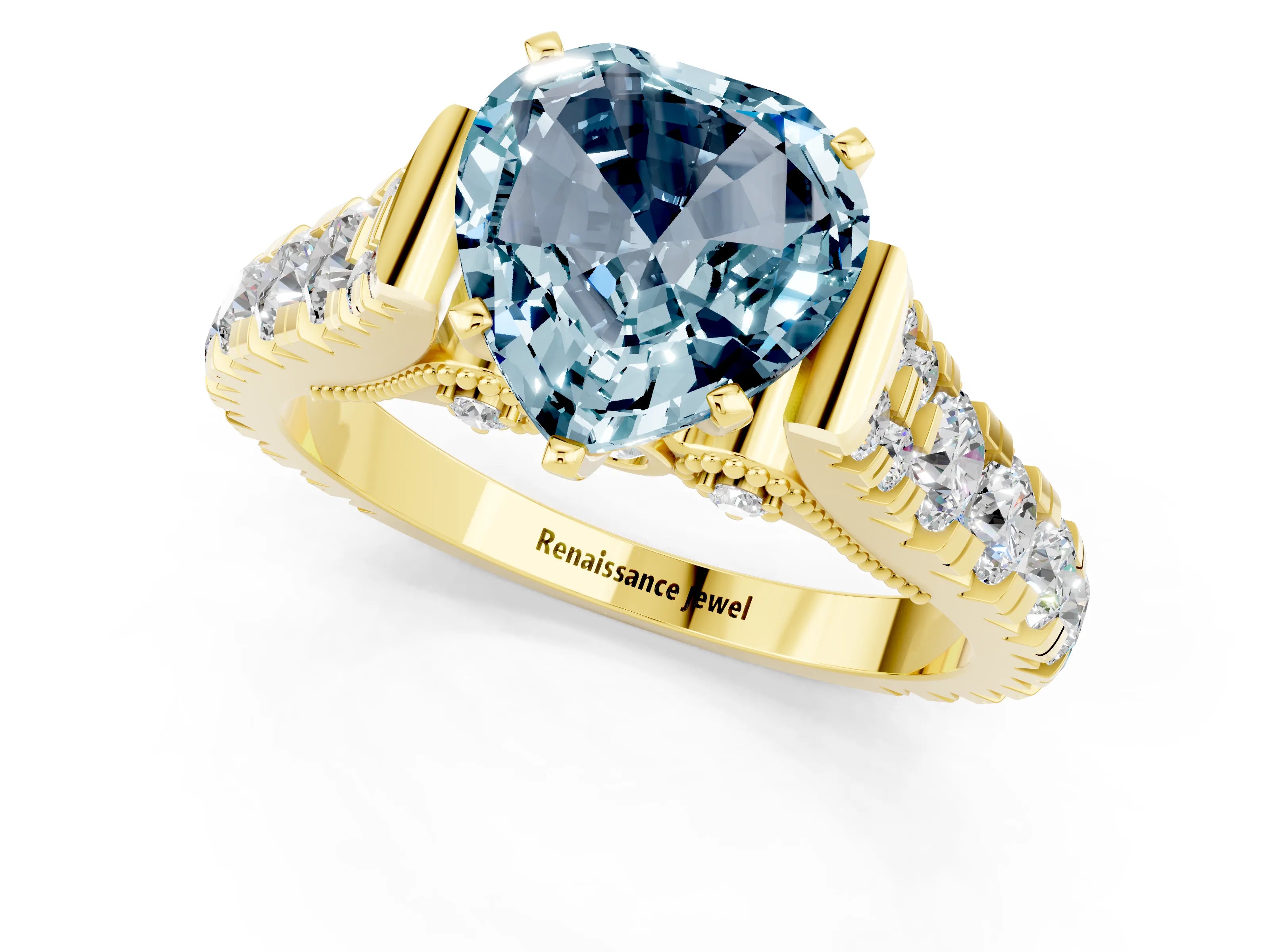 Yellow gold Heart Cut Aquamarine Classic Solitaire Ring with Pavé Band and Four-Prong Setting_1