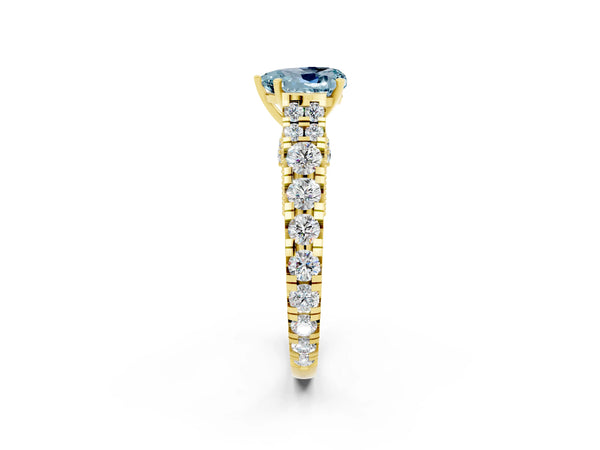 Yellow gold Heart Cut Aquamarine Classic Solitaire Ring with Pavé Band and Four-Prong Setting