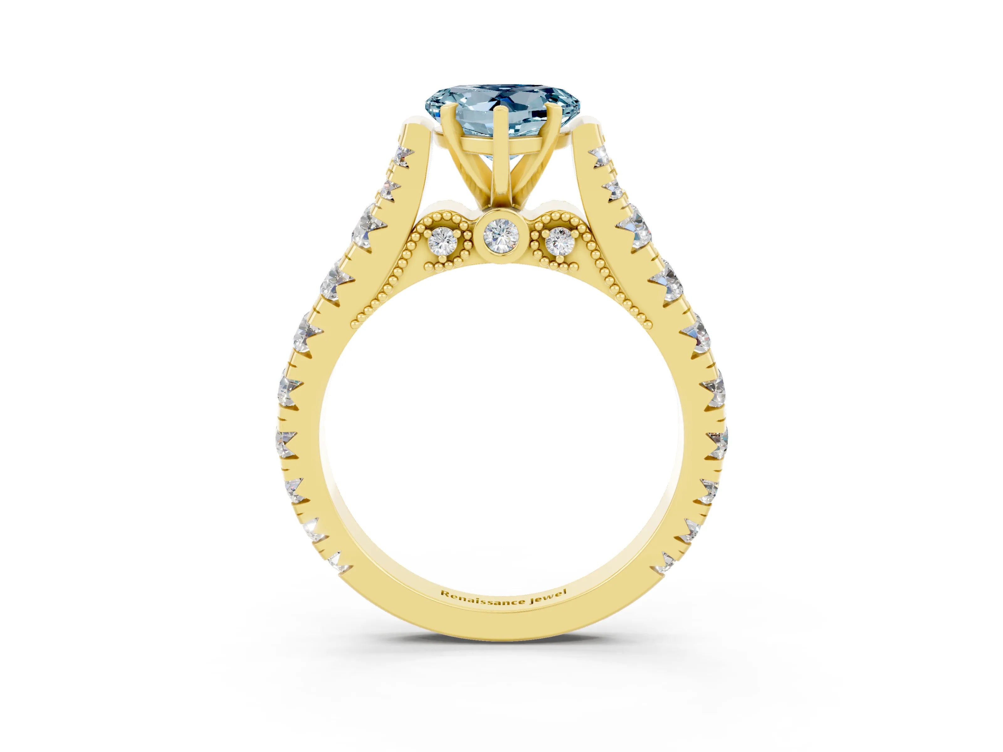 Yellow gold Heart Cut Aquamarine Classic Solitaire Ring with Pavé Band and Four-Prong Setting_3