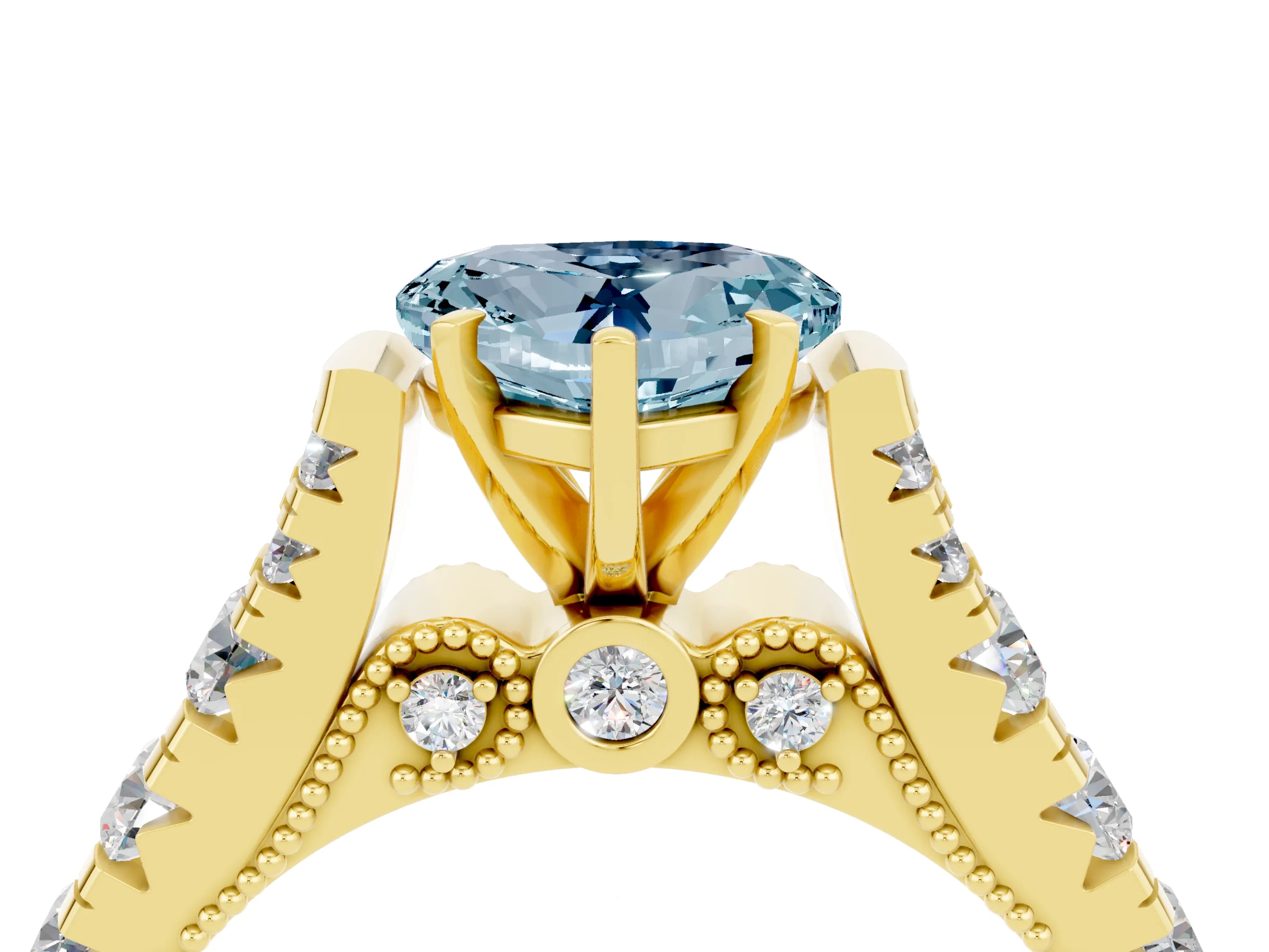 Yellow gold Heart Cut Aquamarine Classic Solitaire Ring with Pavé Band and Four-Prong Setting_4