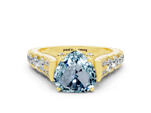 Yellow gold Heart Cut Aquamarine Classic Solitaire Ring with Pavé Band and Four-Prong Setting