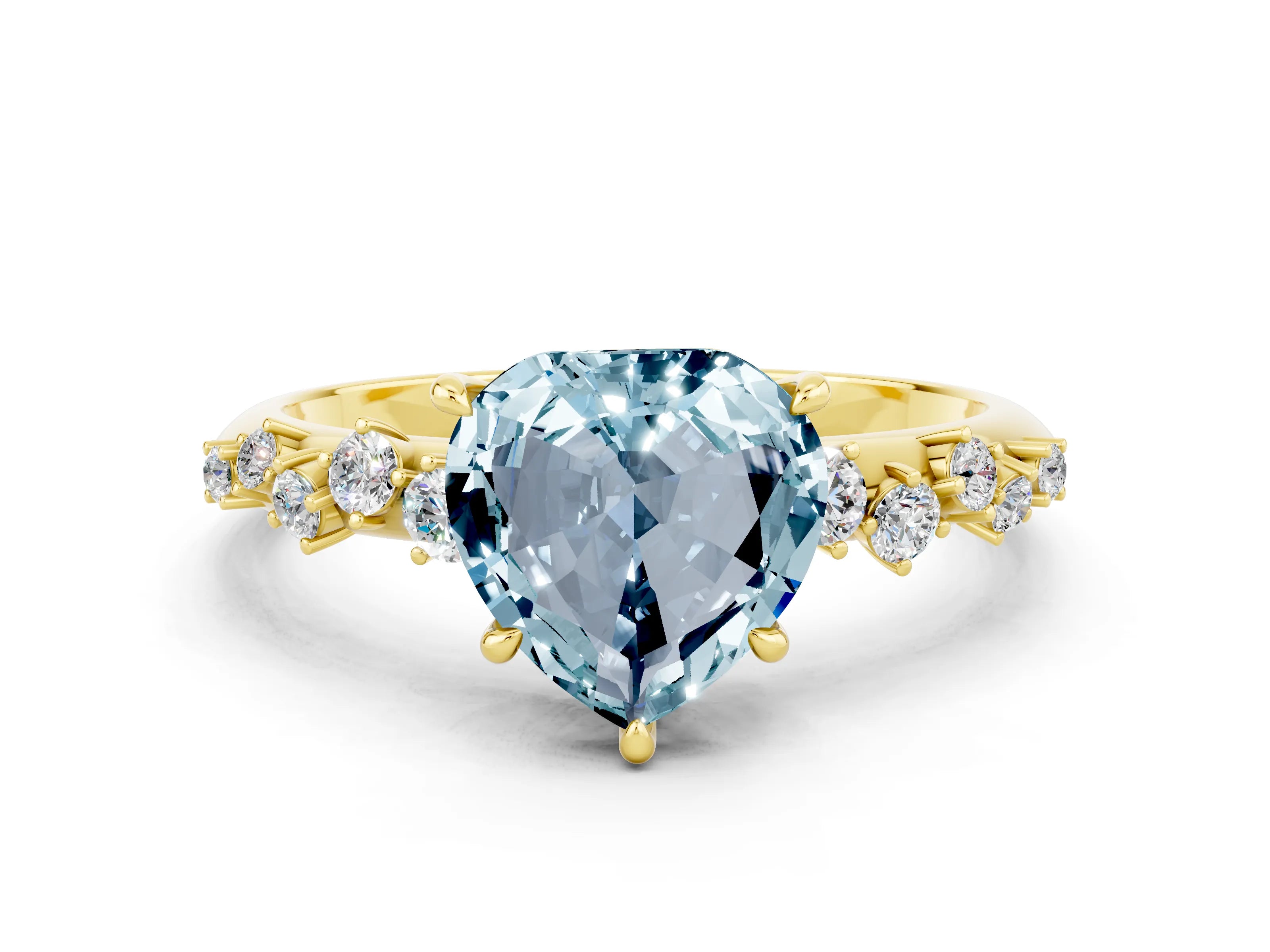 Yellow gold Heart Cut Aquamarine Cluster Side Stone Solitaire Ring with Prong Setting_24