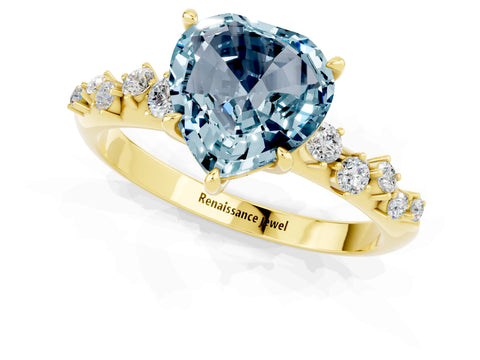 Yellow gold Heart Cut Aquamarine Cluster Side Stone Solitaire Ring with Prong Setting_25