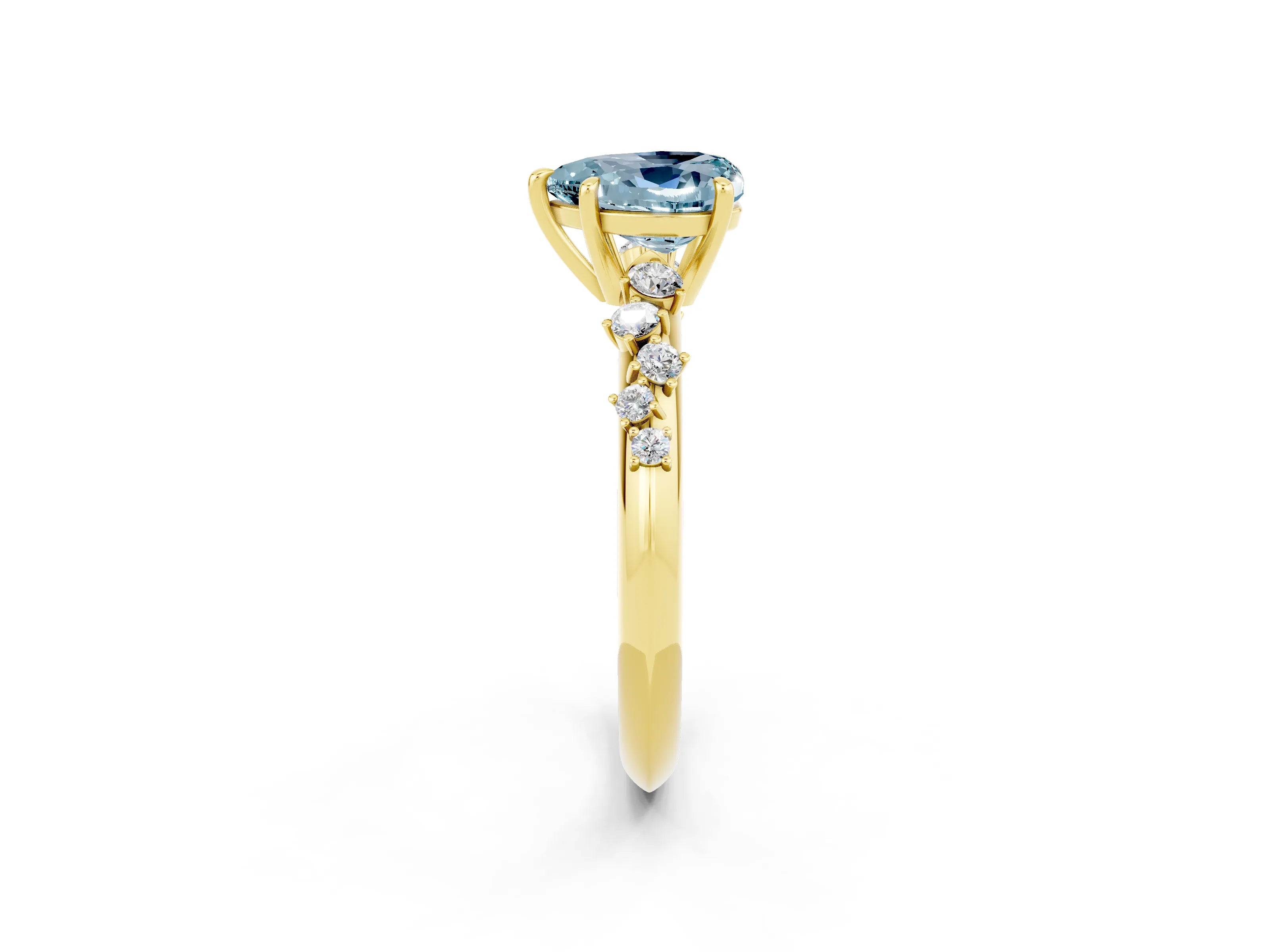 Yellow gold Heart Cut Aquamarine Cluster Side Stone Solitaire Ring with Prong Setting_26