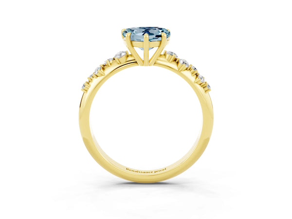Yellow gold Heart Cut Aquamarine Cluster Side Stone Solitaire Ring with Prong Setting